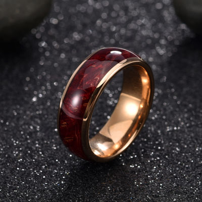 8mm High Polished Rose Gold Tungsten Carbide Ring Red Box Elder Wood Inlay Dome  Edges Comfort Fit