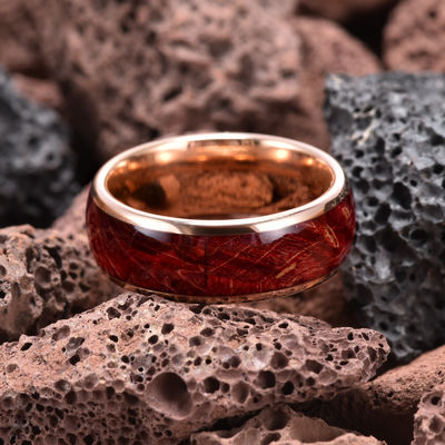 8mm High Polished Rose Gold Tungsten Carbide Ring Red Box Elder Wood Inlay Dome  Edges Comfort Fit