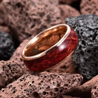 8mm High Polished Rose Gold Tungsten Carbide Ring Red Box Elder Wood Inlay Dome  Edges Comfort Fit