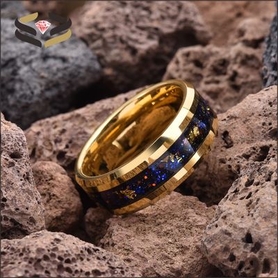 Men'S Tungsten Wedding Band Ring Gold Foil Inlayed With 8mm Galaxy Sandstone Opal