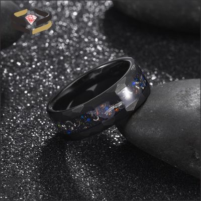 Anniversary Gift Black Hammered Tungsten Ring 8mm With Opal And Meteorite Inlay