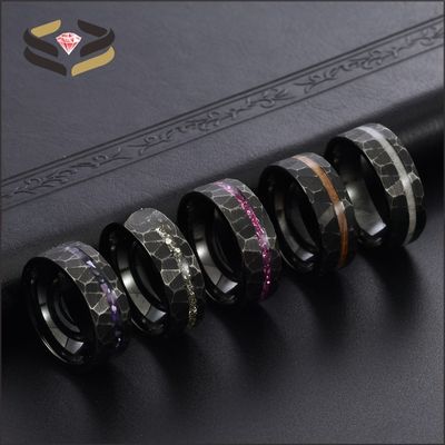 Anniversary Gift Black Hammered Tungsten Ring 8mm With Opal And Meteorite Inlay