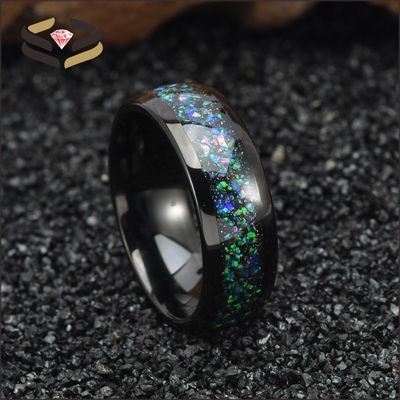 Men'S Domed Black Tungsten Carbide Wedding Band Ring 8mm With Galaxy Opal Inlay