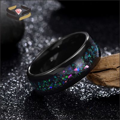 Men'S Domed Black Tungsten Carbide Wedding Band Ring 8mm With Galaxy Opal Inlay