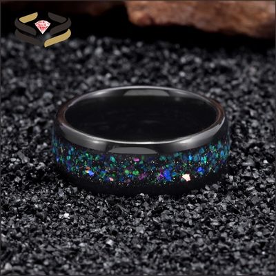 Men'S Domed Black Tungsten Carbide Wedding Band Ring 8mm With Galaxy Opal Inlay