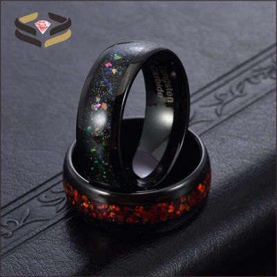 Men'S Domed Black Tungsten Carbide Wedding Band Ring 8mm With Galaxy Opal Inlay