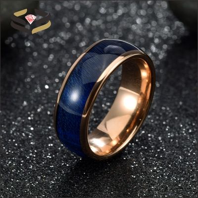 Channel Setting Technology 8mm Men's Blue Box Elder Wood Inlay Tungsten Carbide Ring with Rose Gold Plated Comfort Fit