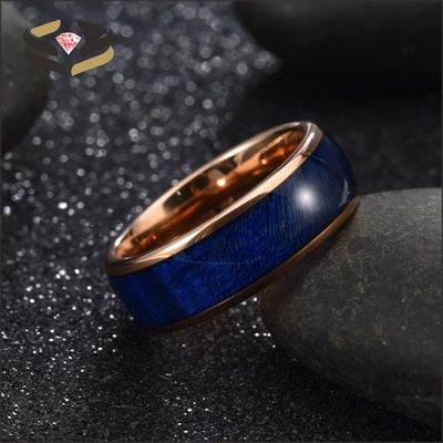 Channel Setting Technology 8mm Men's Blue Box Elder Wood Inlay Tungsten Carbide Ring with Rose Gold Plated Comfort Fit