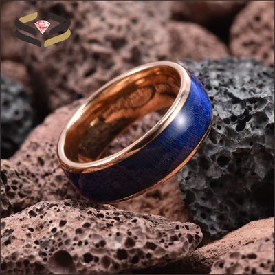 Channel Setting Technology 8mm Men's Blue Box Elder Wood Inlay Tungsten Carbide Ring with Rose Gold Plated Comfort Fit