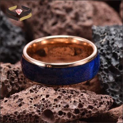 Channel Setting Technology 8mm Men's Blue Box Elder Wood Inlay Tungsten Carbide Ring with Rose Gold Plated Comfort Fit