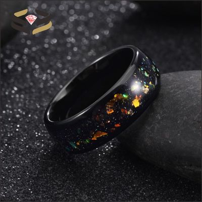Dome Black Tungsten Wedding Band Ring 8mm With Colorful Opal Inlay Other Pearl Type Inlaid
