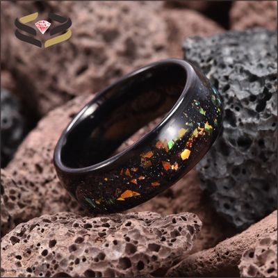 Dome Black Tungsten Wedding Band Ring 8mm With Colorful Opal Inlay Other Pearl Type Inlaid