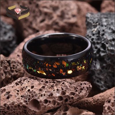 Dome Black Tungsten Wedding Band Ring 8mm With Colorful Opal Inlay Other Pearl Type Inlaid