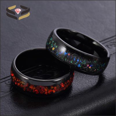 Dome Black Tungsten Wedding Band Ring 8mm With Colorful Opal Inlay Other Pearl Type Inlaid