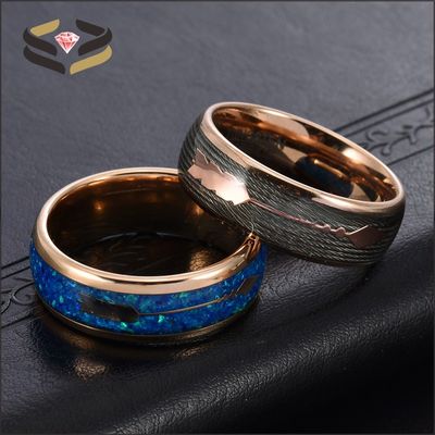 Dome Black Tungsten Wedding Band Ring 8mm With Colorful Opal Inlay Other Pearl Type Inlaid