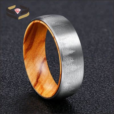 8mm Silver Tungsten Ring showcasing Olive Wood Interior and Forest Laser Engraved Design for Wedding or Gift Material Type Other