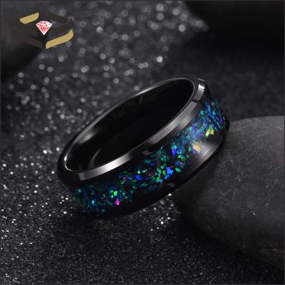 Galaxy Opal Inlay Black Tungsten Wedding Ring for Men Comfort Fit Beveled Edges and Trendy Style