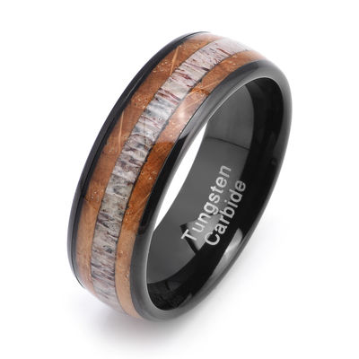 Unisex 8mm Black Tungsten Wedding Ring with Whiskey Barrel Wood Deer Antler Inlay Comfort Fit Sample Making