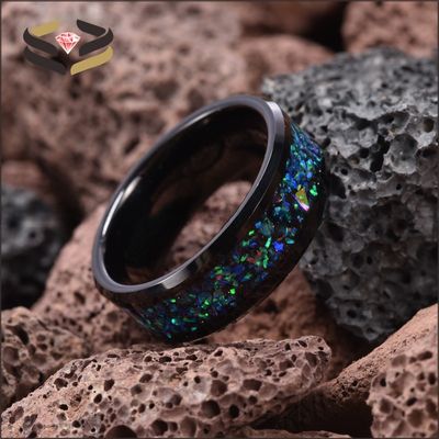 Galaxy Opal Inlay Black Tungsten Wedding Ring for Men Comfort Fit Beveled Edges and Trendy Style
