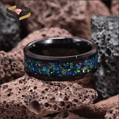 Galaxy Opal Inlay Black Tungsten Wedding Ring for Men Comfort Fit Beveled Edges and Trendy Style