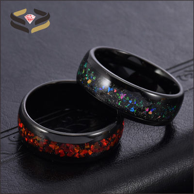 Galaxy Opal Inlay Black Tungsten Wedding Ring for Men Comfort Fit Beveled Edges and Trendy Style
