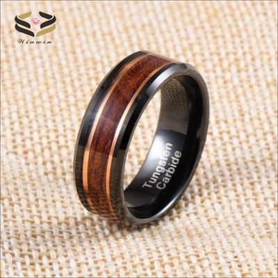 8mm Rose Gold Line and Rosewood Inlay Black Tungsten Carbide Men's Wedding Ring with Third Party Appraisal Certificate
