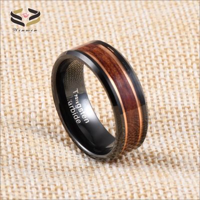 8mm Rose Gold Line and Rosewood Inlay Black Tungsten Carbide Men's Wedding Ring with Third Party Appraisal Certificate