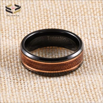8mm Rose Gold Line and Rosewood Inlay Black Tungsten Carbide Men's Wedding Ring with Third Party Appraisal Certificate