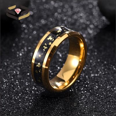 Round Gold Tungsten Wedding Bands 8mm With Gold Leaf Inlay And Beveled Edges