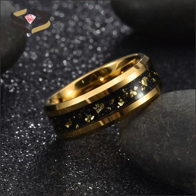 Round Gold Tungsten Wedding Bands 8mm With Gold Leaf Inlay And Beveled Edges