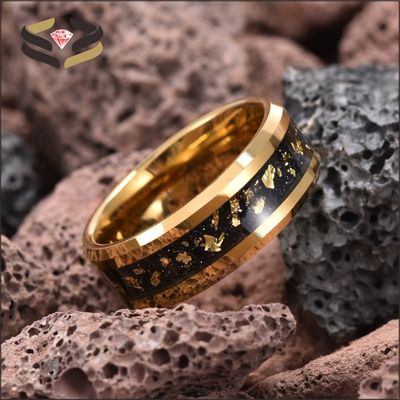 Round Gold Tungsten Wedding Bands 8mm With Gold Leaf Inlay And Beveled Edges