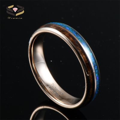Anniversary Essential 5mm Rose Gold Women's Tungsten Ring with Wood Inlay and Opal Detail