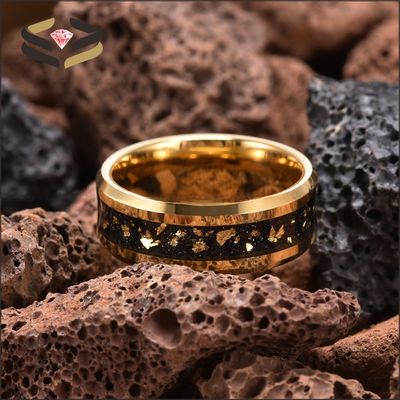 Round Gold Tungsten Wedding Bands 8mm With Gold Leaf Inlay And Beveled Edges