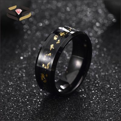 Round Gold Tungsten Wedding Bands 8mm With Gold Leaf Inlay And Beveled Edges
