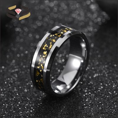 Round Gold Tungsten Wedding Bands 8mm With Gold Leaf Inlay And Beveled Edges