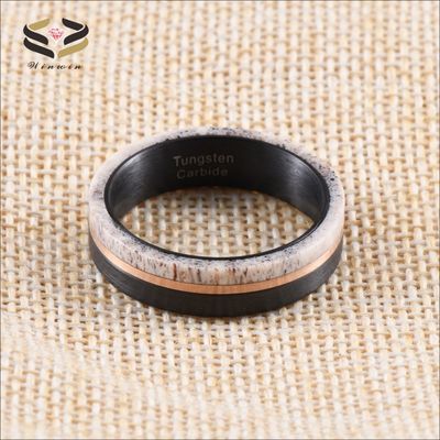 Occasions Christmas/ Year/Father's Day Men's Customized Handmade Black Tungsten Inlay Deer Horn Antler Wedding Band Ring