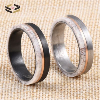 Jewelry 6mm Tungsten Band for Men Women Inlay Deer Antler Wedding Ring Other Diamond Shape and Pearl Type