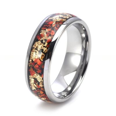 8mm High Polished Silver Tungsten Ring With Opal And Gold Foil Inlay