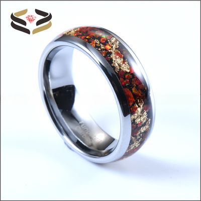 8mm High Polished Silver Tungsten Ring With Opal And Gold Foil Inlay