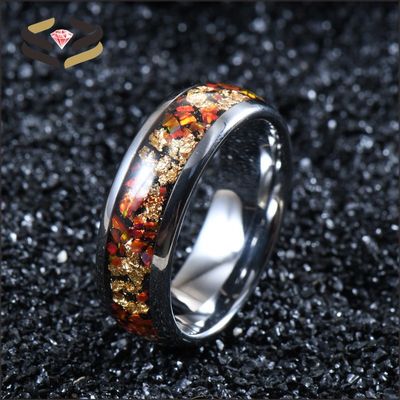 8mm High Polished Silver Tungsten Ring With Opal And Gold Foil Inlay