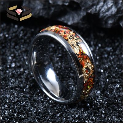 8mm High Polished Silver Tungsten Ring With Opal And Gold Foil Inlay