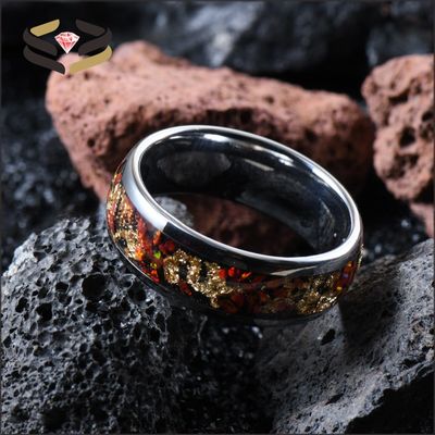 8mm High Polished Silver Tungsten Ring With Opal And Gold Foil Inlay