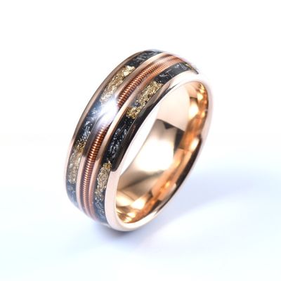 Men'S Tungsten Wedding Band Ring 8mm Rose Gold Plating with Triple Channel Guitar String Meteorite Gold Foil Inlay