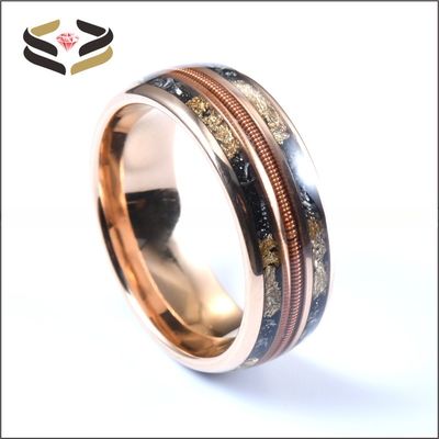 Men'S Tungsten Wedding Band Ring 8mm Rose Gold Plating with Triple Channel Guitar String Meteorite Gold Foil Inlay