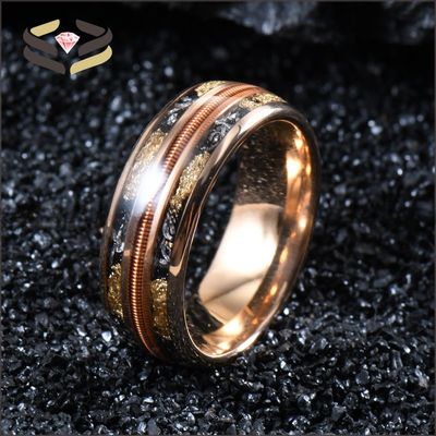Men'S Tungsten Wedding Band Ring 8mm Rose Gold Plating with Triple Channel Guitar String Meteorite Gold Foil Inlay
