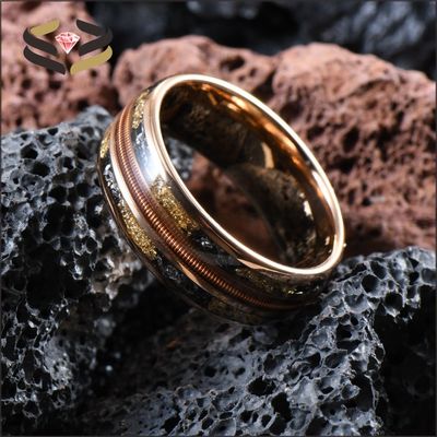 Men'S Tungsten Wedding Band Ring 8mm Rose Gold Plating with Triple Channel Guitar String Meteorite Gold Foil Inlay