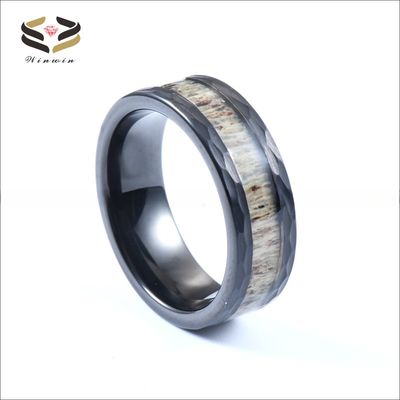 Sample Making Service Custom 8mm Hammered Black Tungsten Inlay Deer Antler Jewelry Rings Trendy Style for Men's Wedding