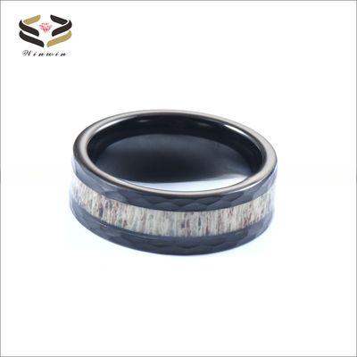 Sample Making Service Custom 8mm Hammered Black Tungsten Inlay Deer Antler Jewelry Rings Trendy Style for Men's Wedding