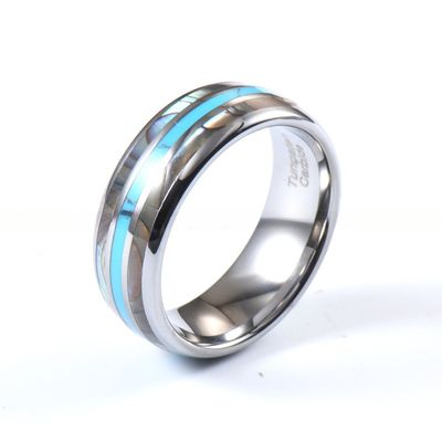 Third Party Appraisal Certified 8mm Abalone Shell Turquoise Inlay Tungsten Silver Wedding Band for Men