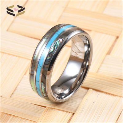 Third Party Appraisal Certified 8mm Abalone Shell Turquoise Inlay Tungsten Silver Wedding Band for Men